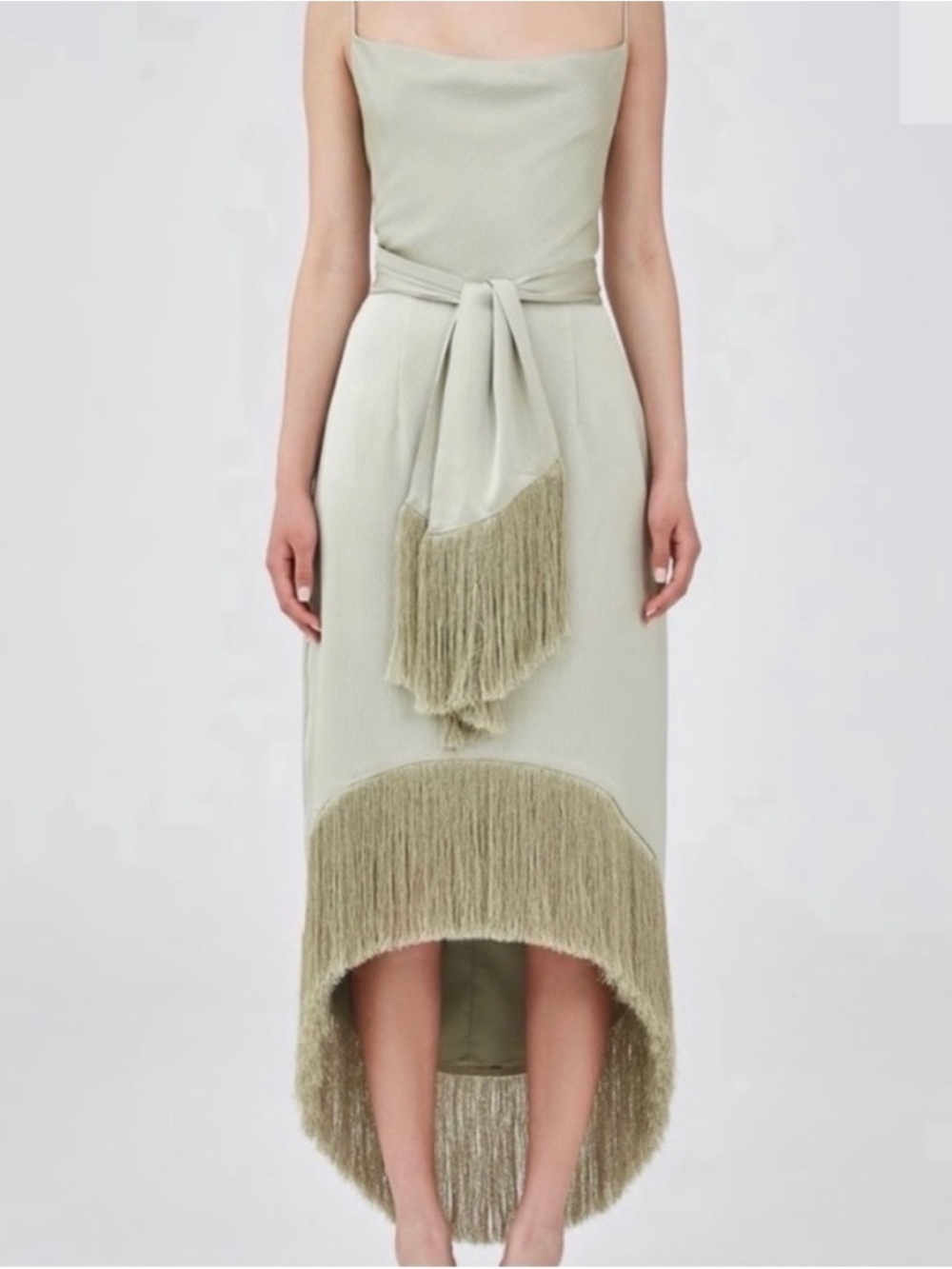 KEEPSAKE Sage Green Fringe Backless Wrap Tie Sash Midi Passion Backless Dress
